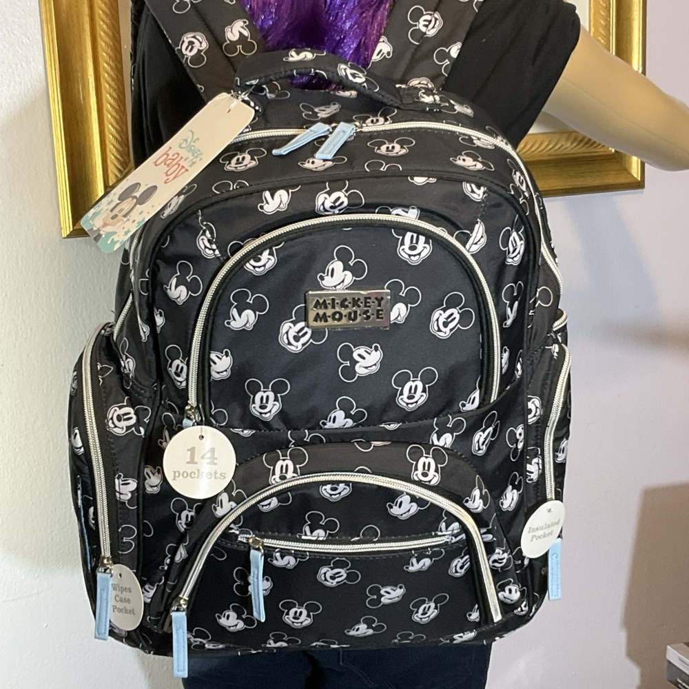 Disney Baby Black & White Mickey Mouse Multi Pc Diaper Bag Backpack w/14 Pockets - Picture 6 of 10